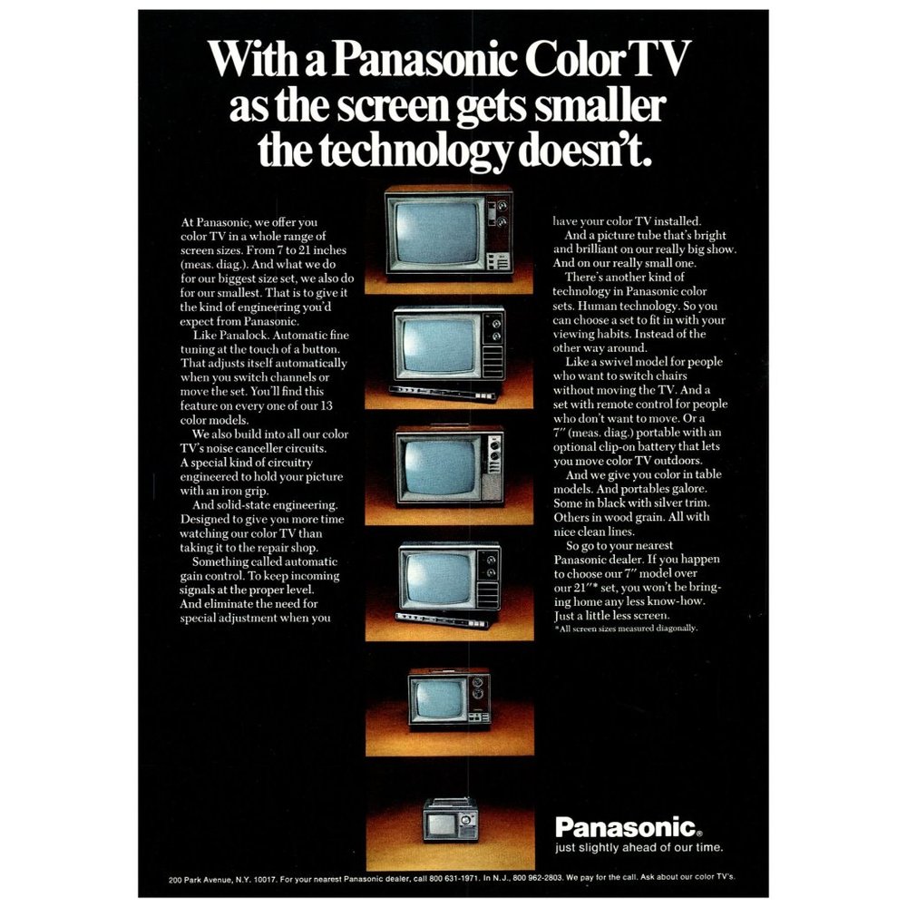 1972 Panasonic Color TV Lineup Vintage Print Ad Woodgrain 70s Ahead of Our Time